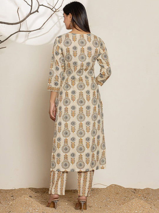Yufta Round Neck Floral Printed Regular Gotta Patti Pure Cotton Straight Kurta Set