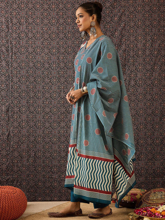 Indo Era Women Printed Regular Pure Cotton Kurta with Trousers & With Dupatta