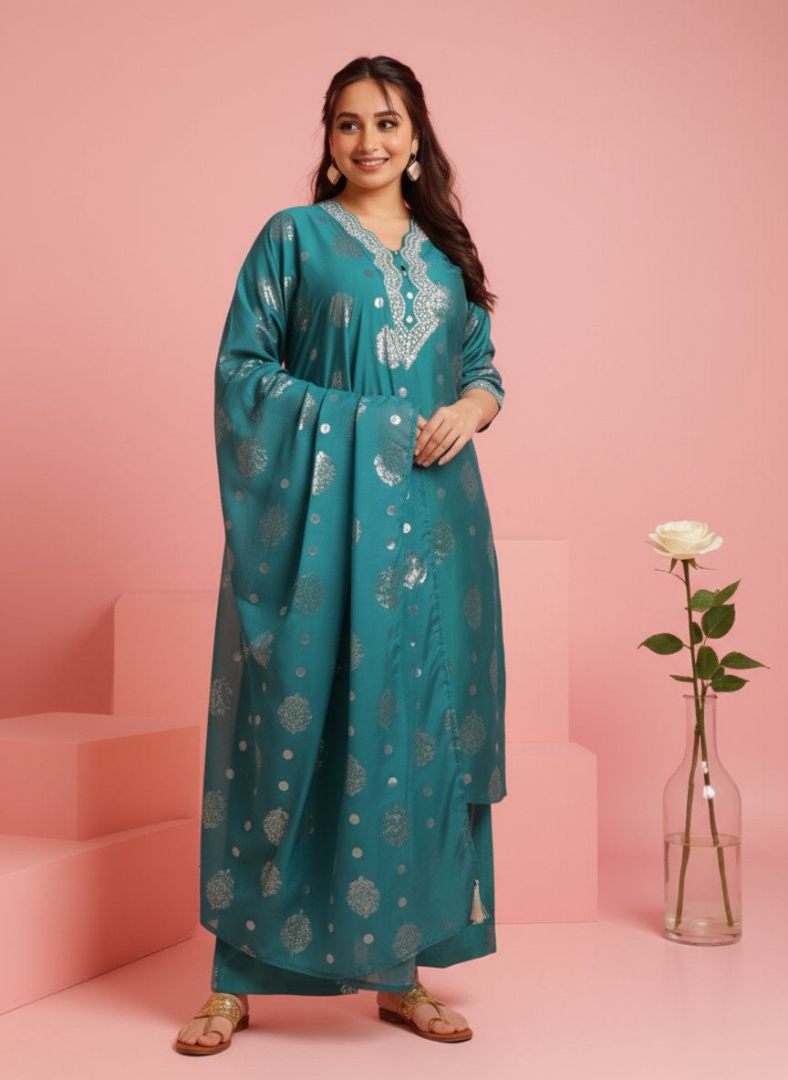Embroidered Roman silk Gold foil Straight Green Kurta
