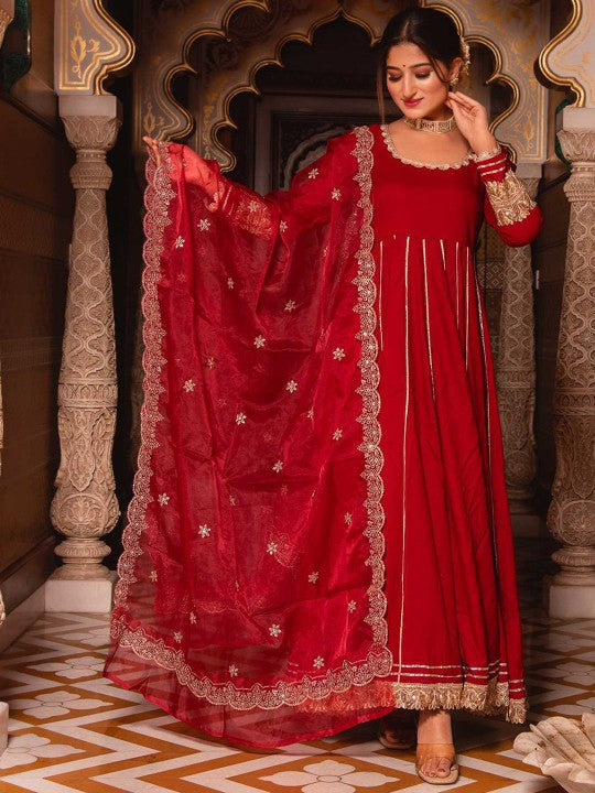 Calmna Gotta Patti Panelled Anarkali Kurta with Trousers & Dupatta