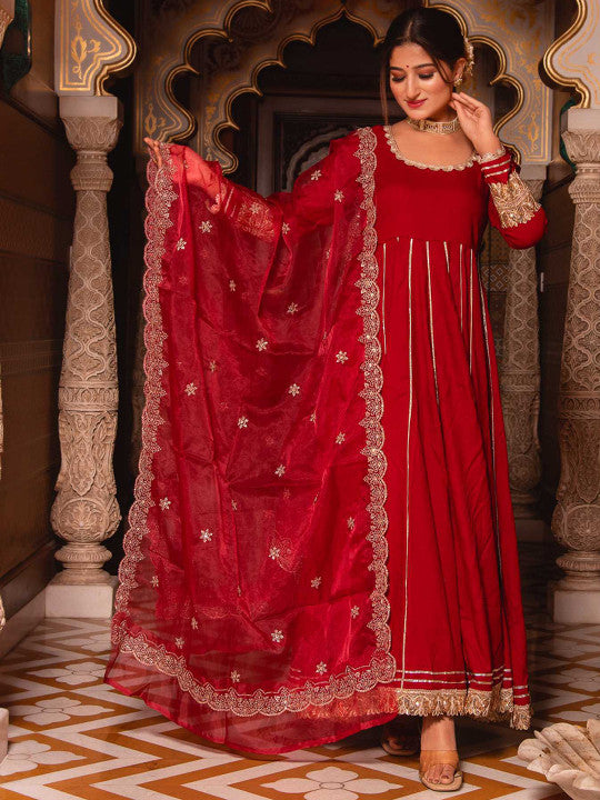 Calmna Gotta Patti Panelled Anarkali Kurta with Trousers & Dupatta