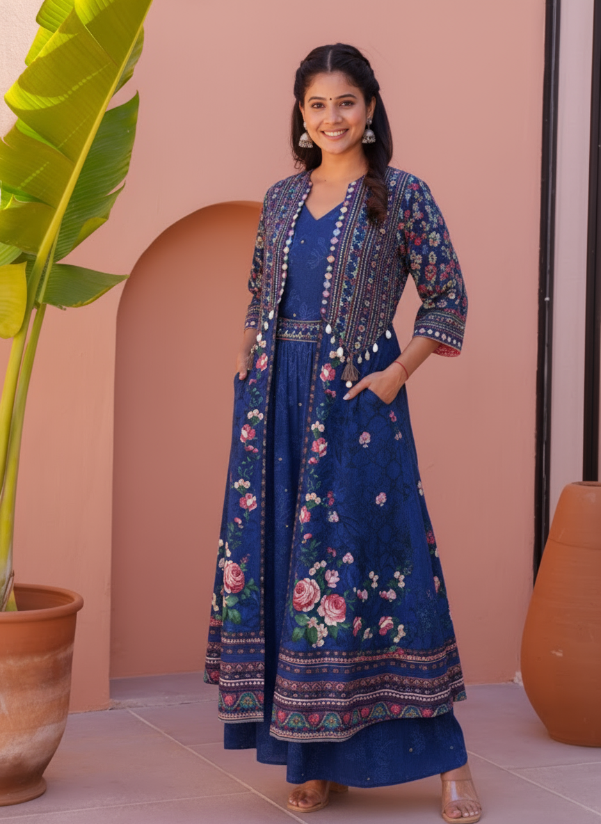 Embroidered Roman silk Flared Kurta