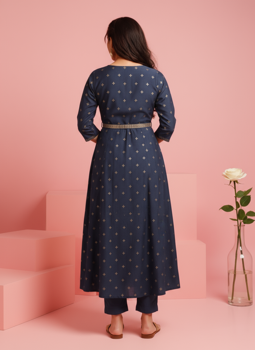 Embroidered Muslin Gold foil Anarkali Blue Dress