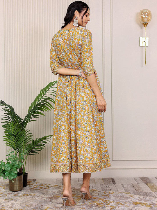 GULAB CHAND TRENDS Floral Printed Notch Neck Cotton Fit & Flare Midi Ethnic Dress