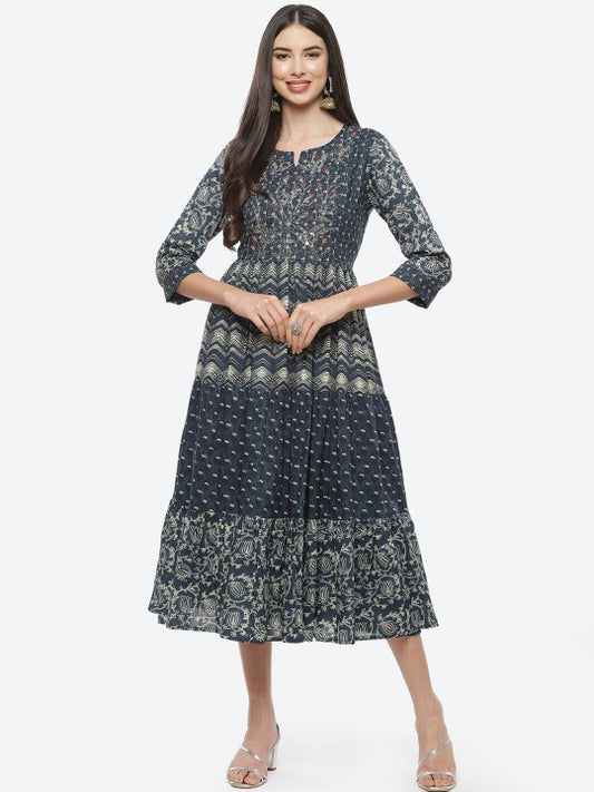 Biba Navy Blue Ethnic Motifs Ethnic A-Line Midi Dress