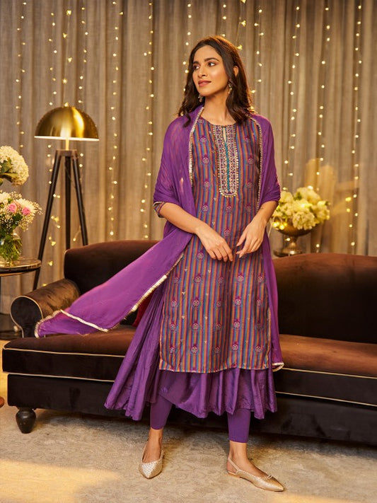 W Striped Sequined Kurta With Dupatta