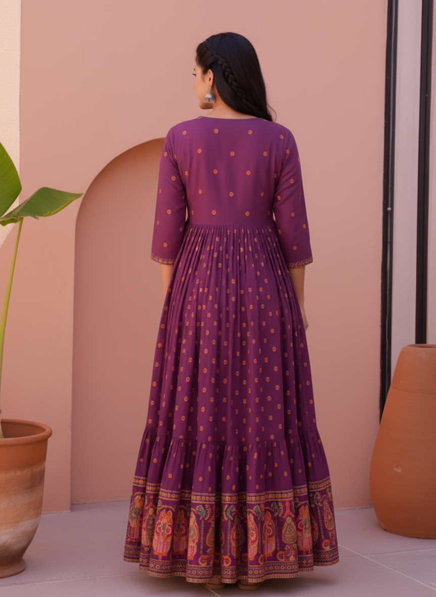 Soft Cotton Placement Print Anarkali Purple Dress