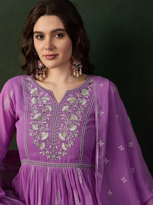 Printed Notch Neck Georgette A-Line Kurta With Trouser & Dupatta Set