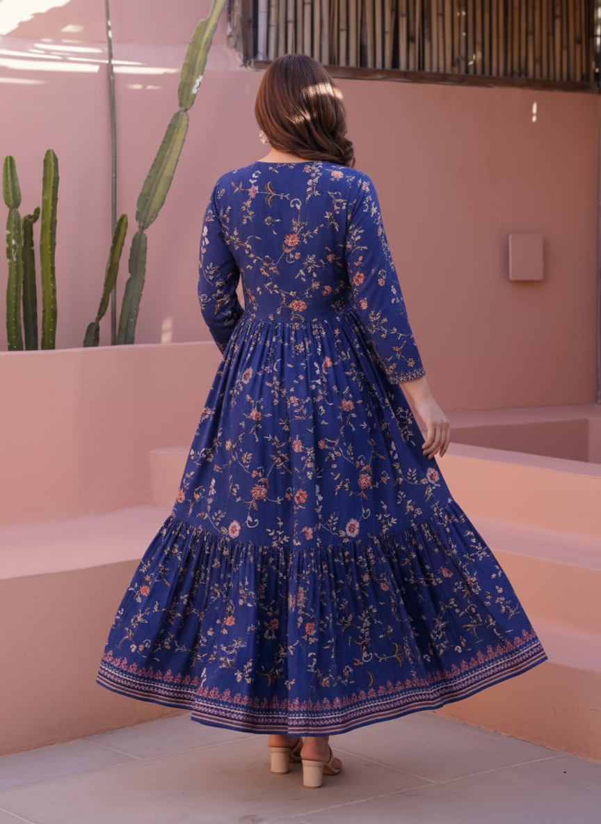Soft Cotton Foliage Anarkali Black Dress