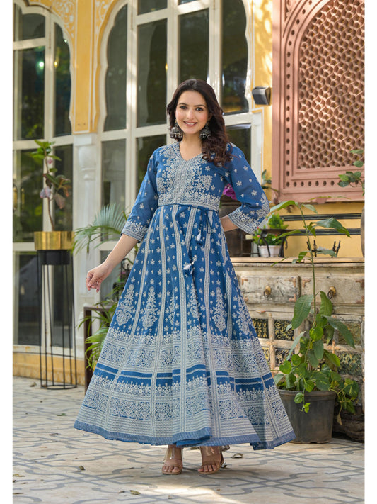 Indigo Ethnic Motif Floral Cotton Long Maxi Dress