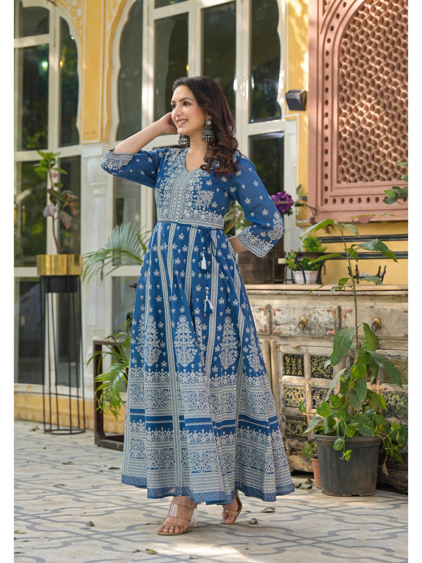 Indigo Ethnic Motif Floral Cotton Long Maxi Dress