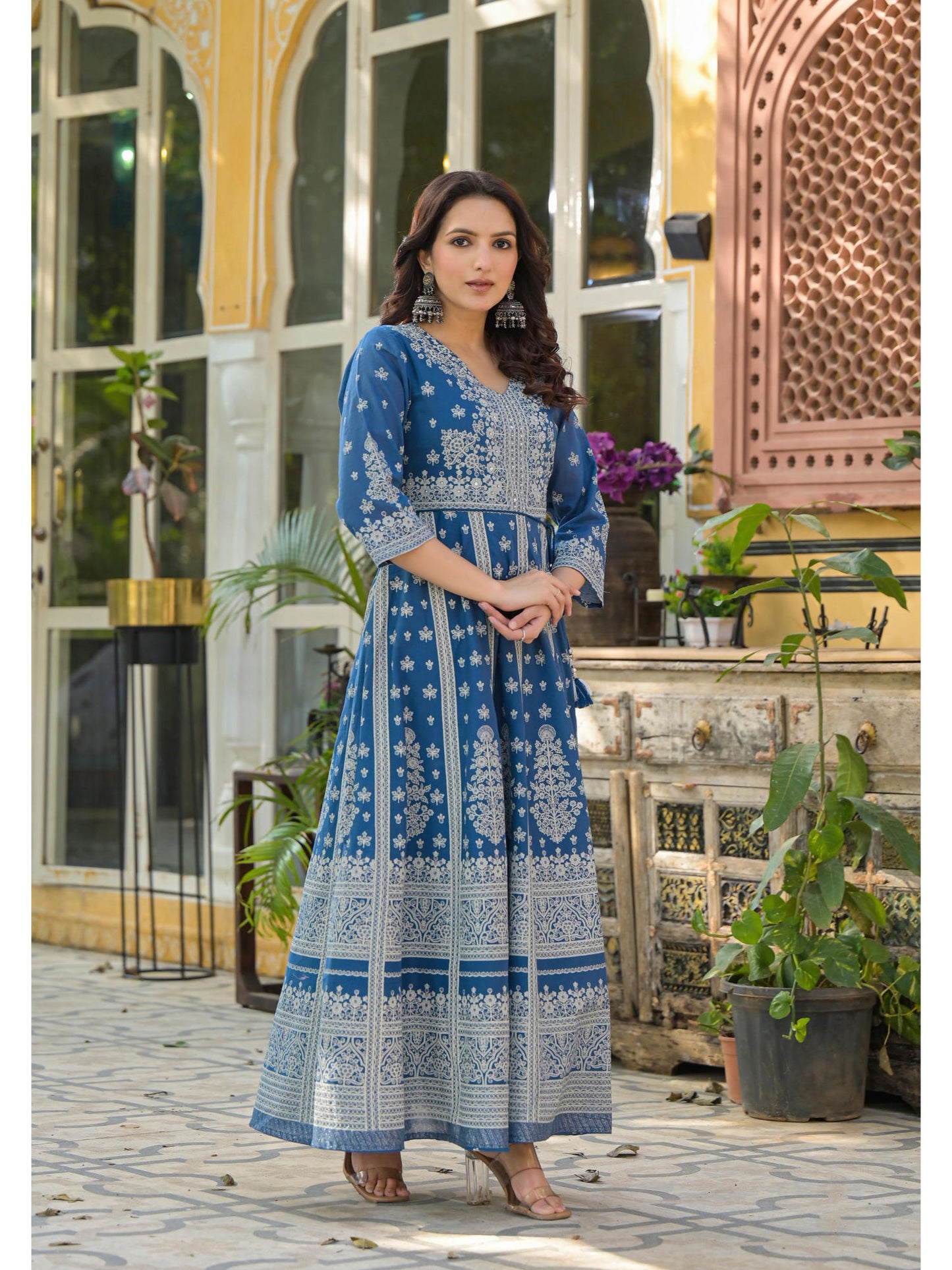 Indigo Ethnic Motif Floral Cotton Long Maxi Dress