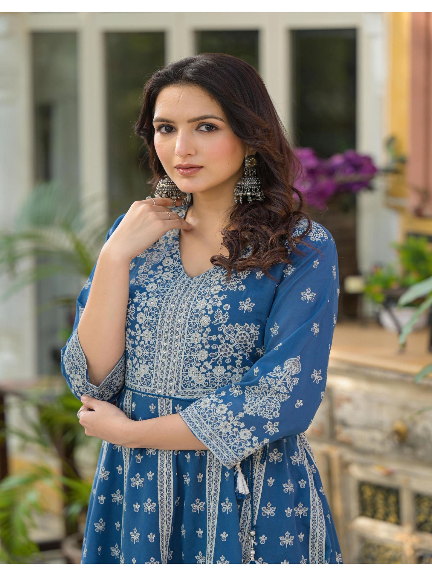 Indigo Ethnic Motif Floral Cotton Long Maxi Dress
