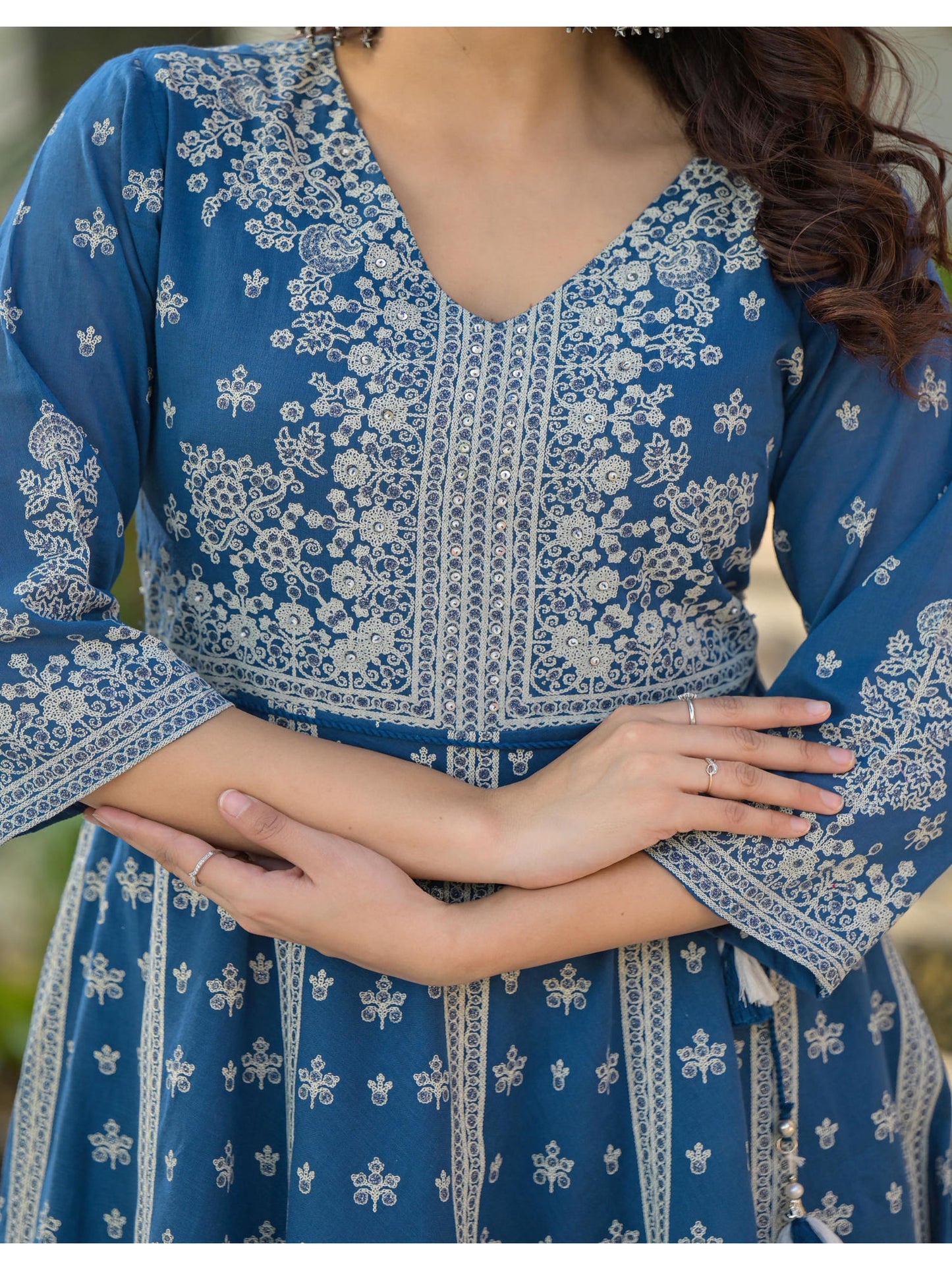 Indigo Ethnic Motif Floral Cotton Long Maxi Dress
