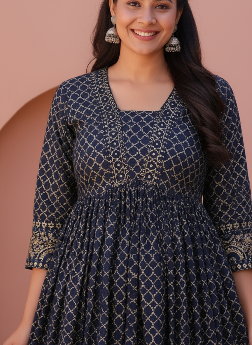 Viscose Gold foil Anarkali Blue Dress