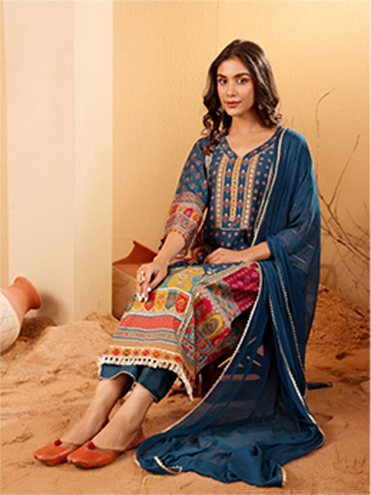 Varanga Ethnic Motifs Printed Sequnnied Chanderi Silk Kurta With Trousers And Dupatta
