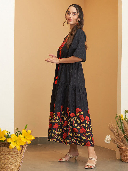 Floral Printed Square Neck Flared Sleeves Tiered Midi Ethnic Dress