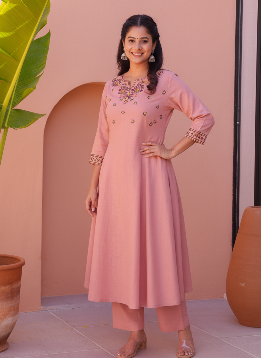Embroidered Linen Cotton Solid Straight Pink Kurta