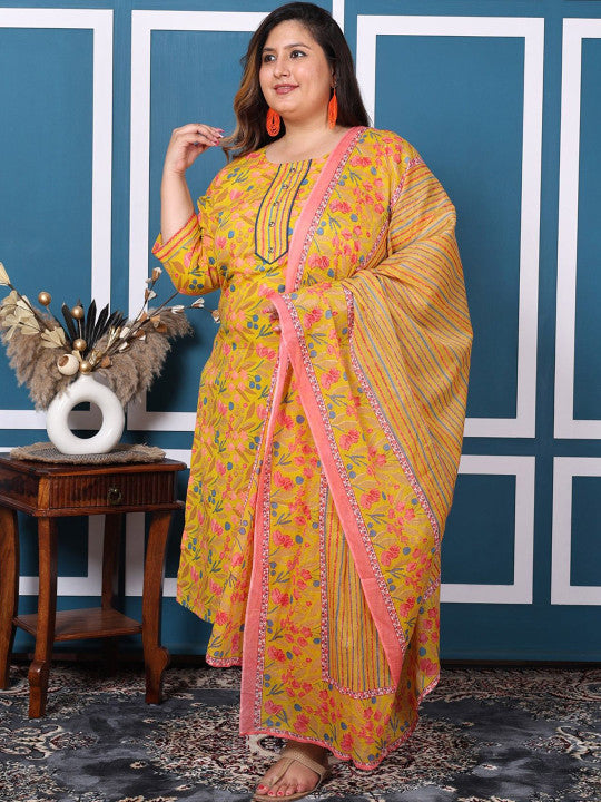 Swasti Plus Size Floral Printed Pure Cotton Straight Kurta with Palazzos & With Dupatta