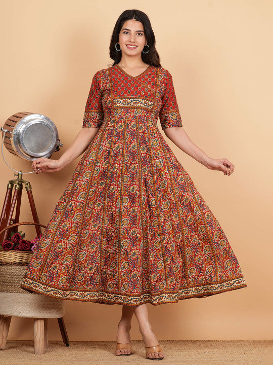 Vbuyz Floral Printed Cotton V-Neck Anarkali Kurta