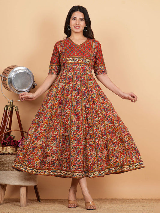 Vbuyz Floral Printed Cotton V-Neck Anarkali Kurta