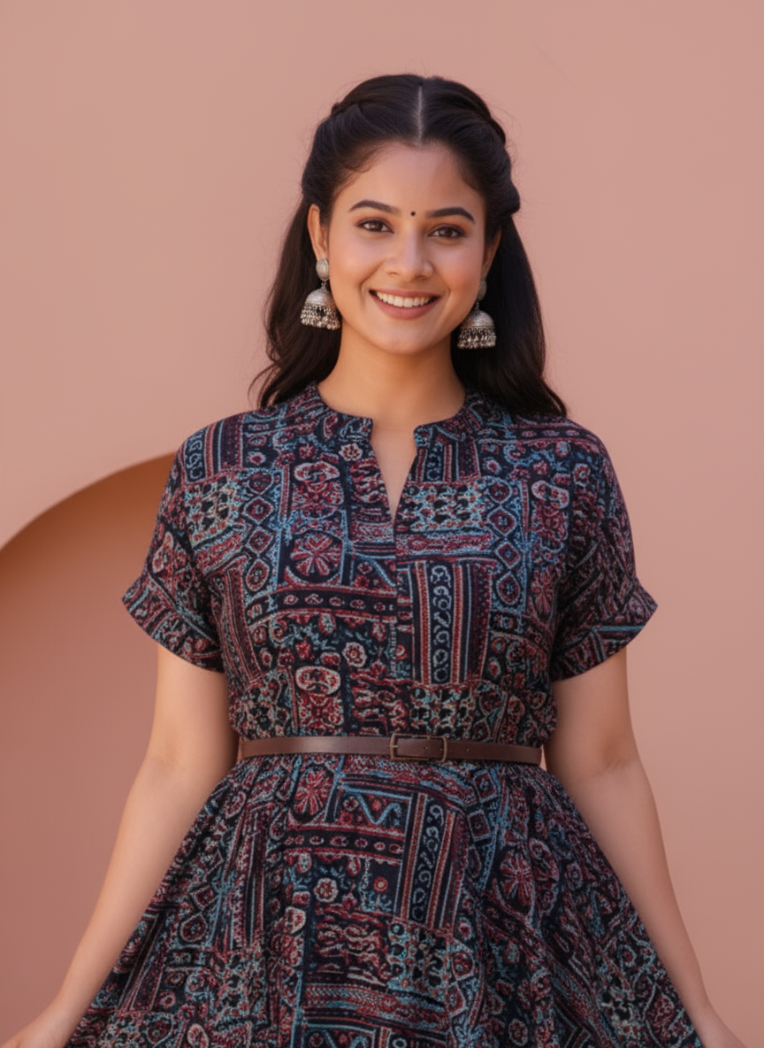 Viscose Patchwork A-line Black Dress