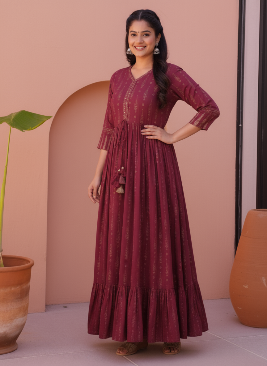 Viscose Floral Anarkali Maroon Dress