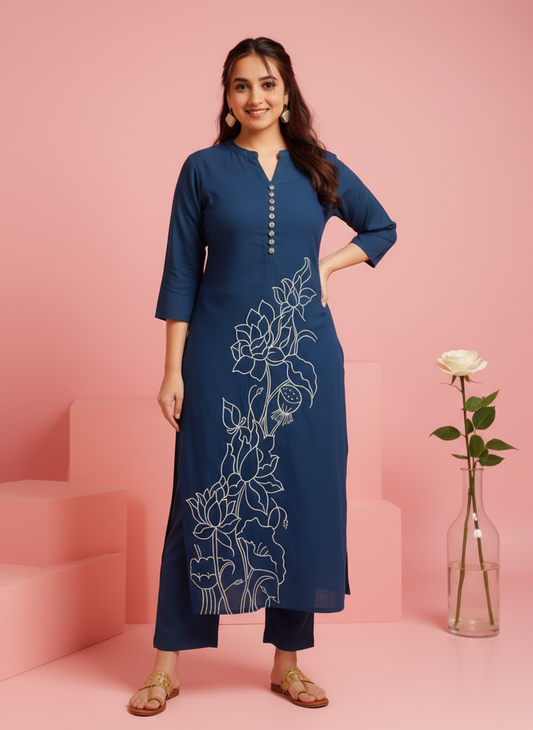 Embroidered Linen Cotton Solid Straight Teal Kurta