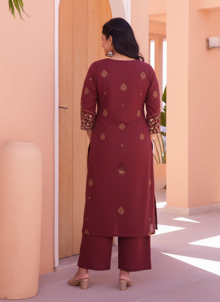 Embroidered Viscose Solid Straight Maroon Kurta