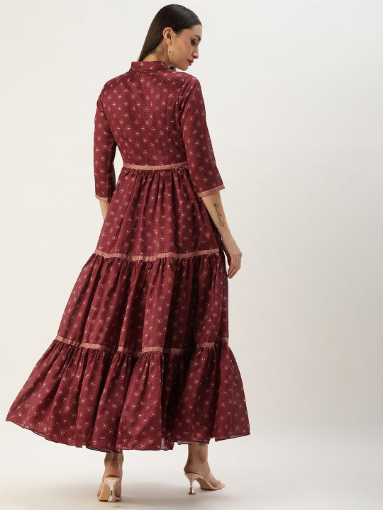 Ethnovog Floral Printed Gathered Gown Maxi Dress