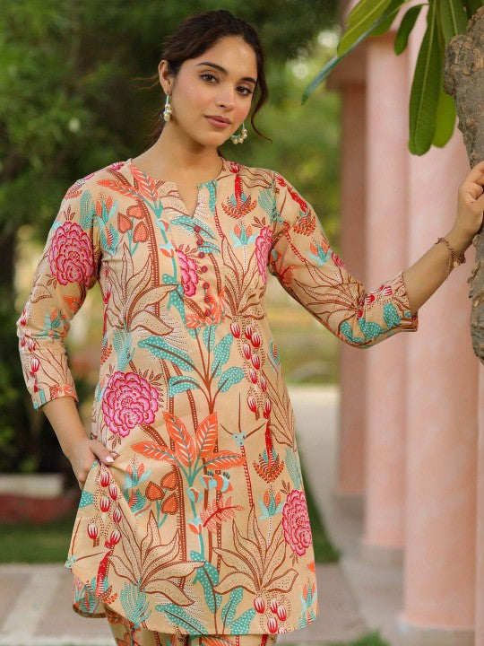 Floral Printed Pure Cotton Tunic With Trouser