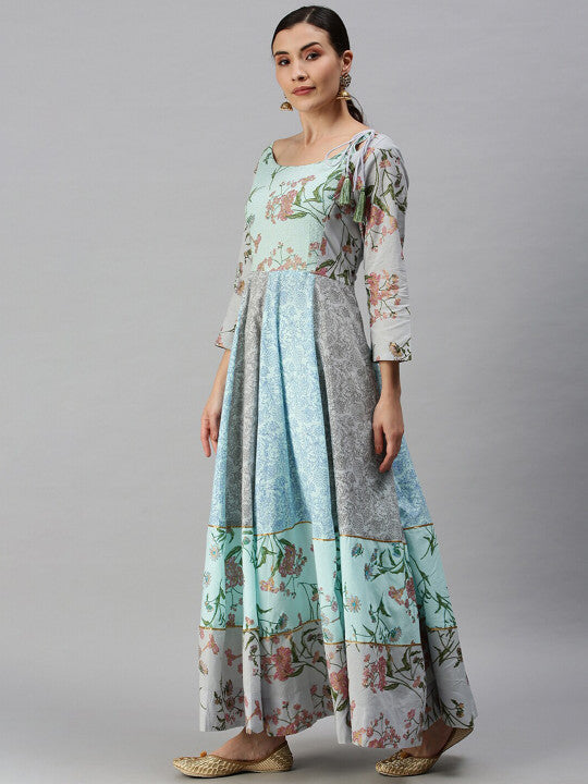 Floral Printed Round Neck Cotton Maxi Ethnic Dress