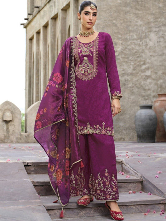 AUTUMN LANE Women Ethnic Motifs Embroidered Sequinned Cotton Kurta Set With Dupatta