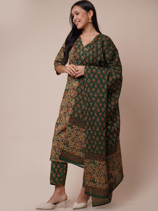 VASVI Women Kalamkari Printed Regular Pure Cotton Kurta with Trousers & With Dupatta