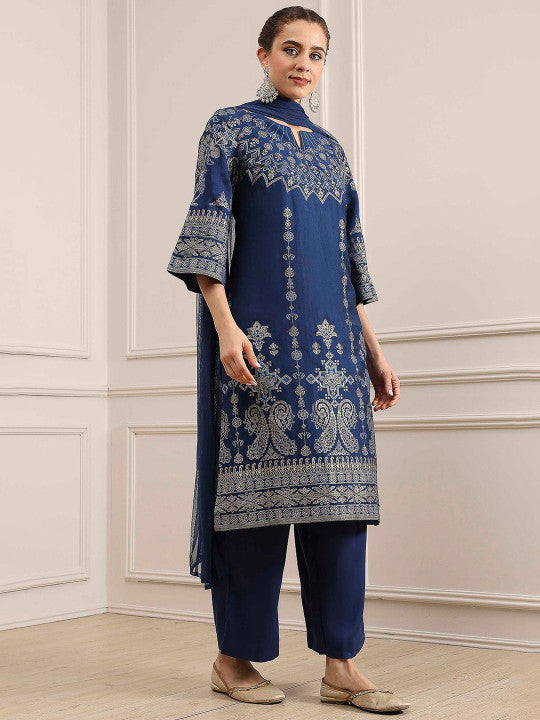 Biba Ethnic Motifs Printed Notch Neck Straight Kurta With Palazzos & Dupatta