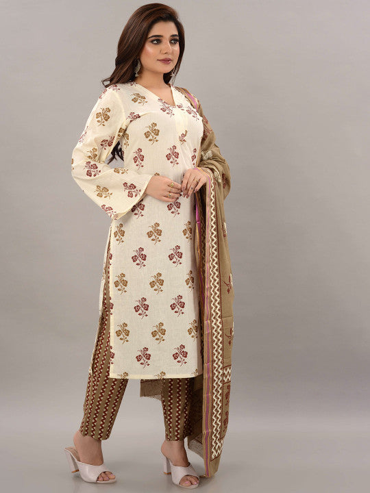 TROMBOO Floral Printed V-Neck Gotta Patti Straight Kurta With Trousers & Dupatta
