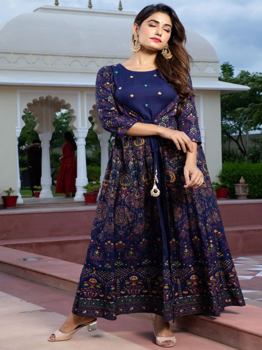 ftDiva Floral Printed Round Neck Fit & Flare Ethnic Dress