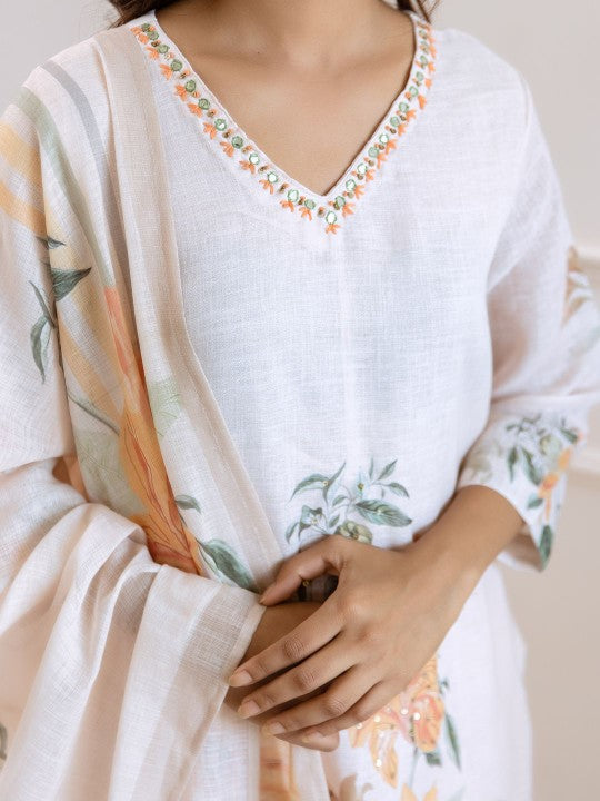 FILO HEVIS Floral Printed V Neck Pure Cotton Straight Kurta With Trousers & Dupatta