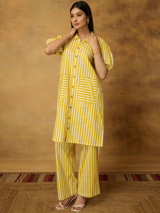 The Quince Life Lemon Stripe Shirt With Trousers Co-Ords Set