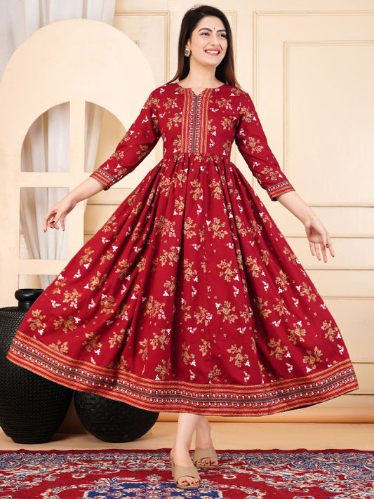 ZELA Floral Printed Notch Neck Anarkali Ethnic Dress