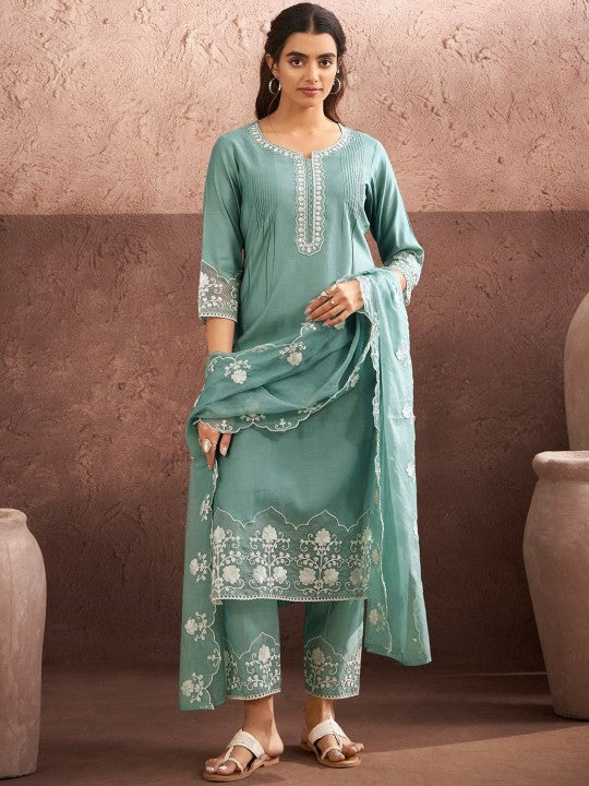 AUTUMN LANE Women Floral Yoke Design Thread Work Straight Kurta
