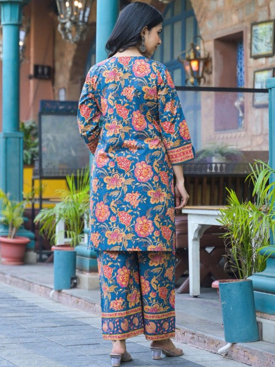 AUTUMN LANE Floral Printed Pure Cotton Mirror Work Notch-Neck Tunic & Trouser