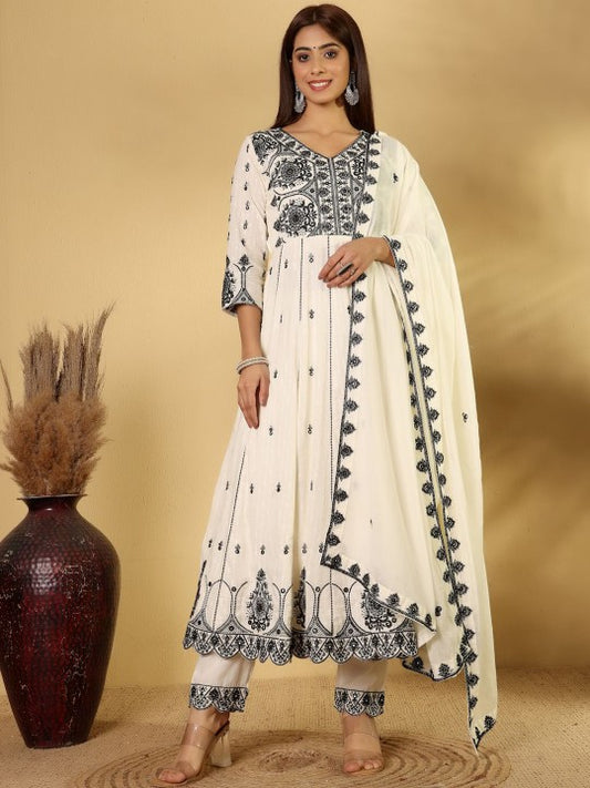 House of Pataudi Floral Embroidered Anarkali Kurta With Trouser And Dupatta