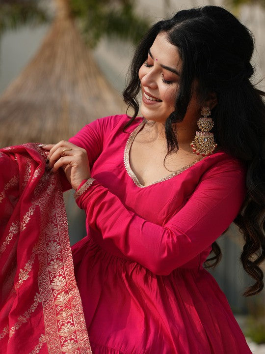 BAHU PALACE Tiered Pure Roman Chanderi Silk Anarkali Kurta