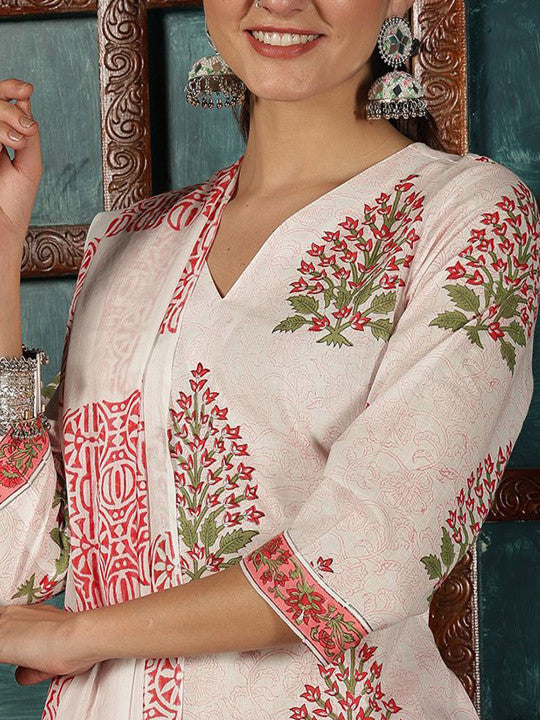 Taavi Women Floral Hand Block Printed Pure Cotton Kurta With Trousers & Dupatta
