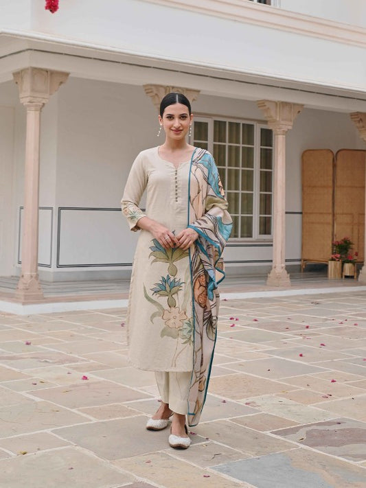 Floral Printed Pure Cotton Straight Kurta with Trousers & With Dupatta