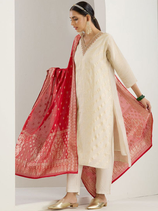 Ishin White Floral Embroidered V-Neck Straight Kurta With Trousers & Dupatta