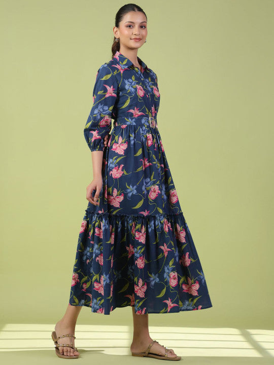 anayna Floral Printed Cotton Maxi Flared Ethnic Dress