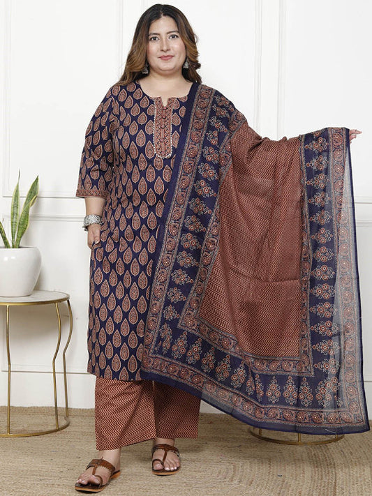 Swasti Women Floral Printed Regular Sequinned Pure Cotton Kurta with Trousers & With Dupatta