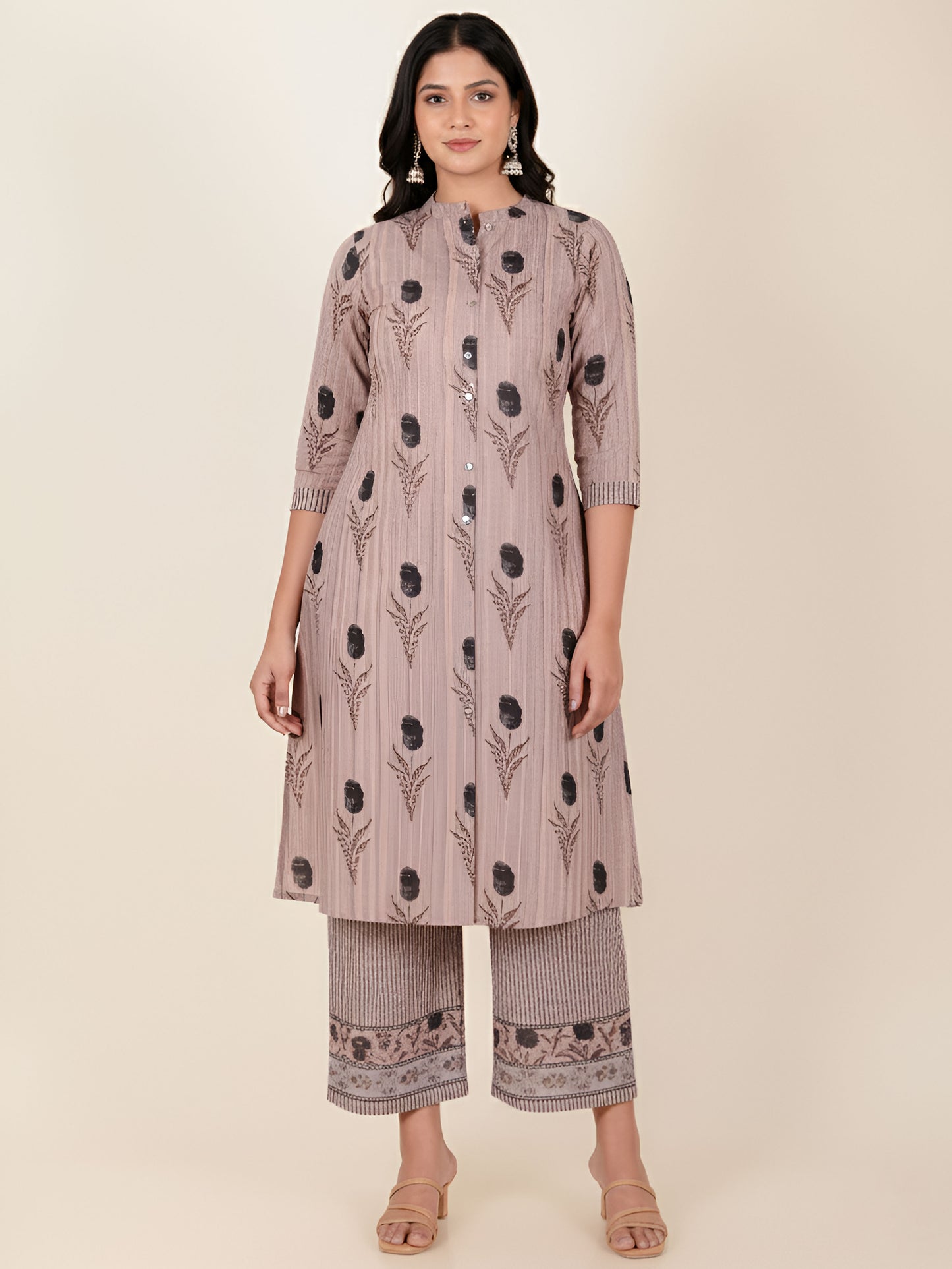 Soft Cotton Floral A-line Grey Kurta